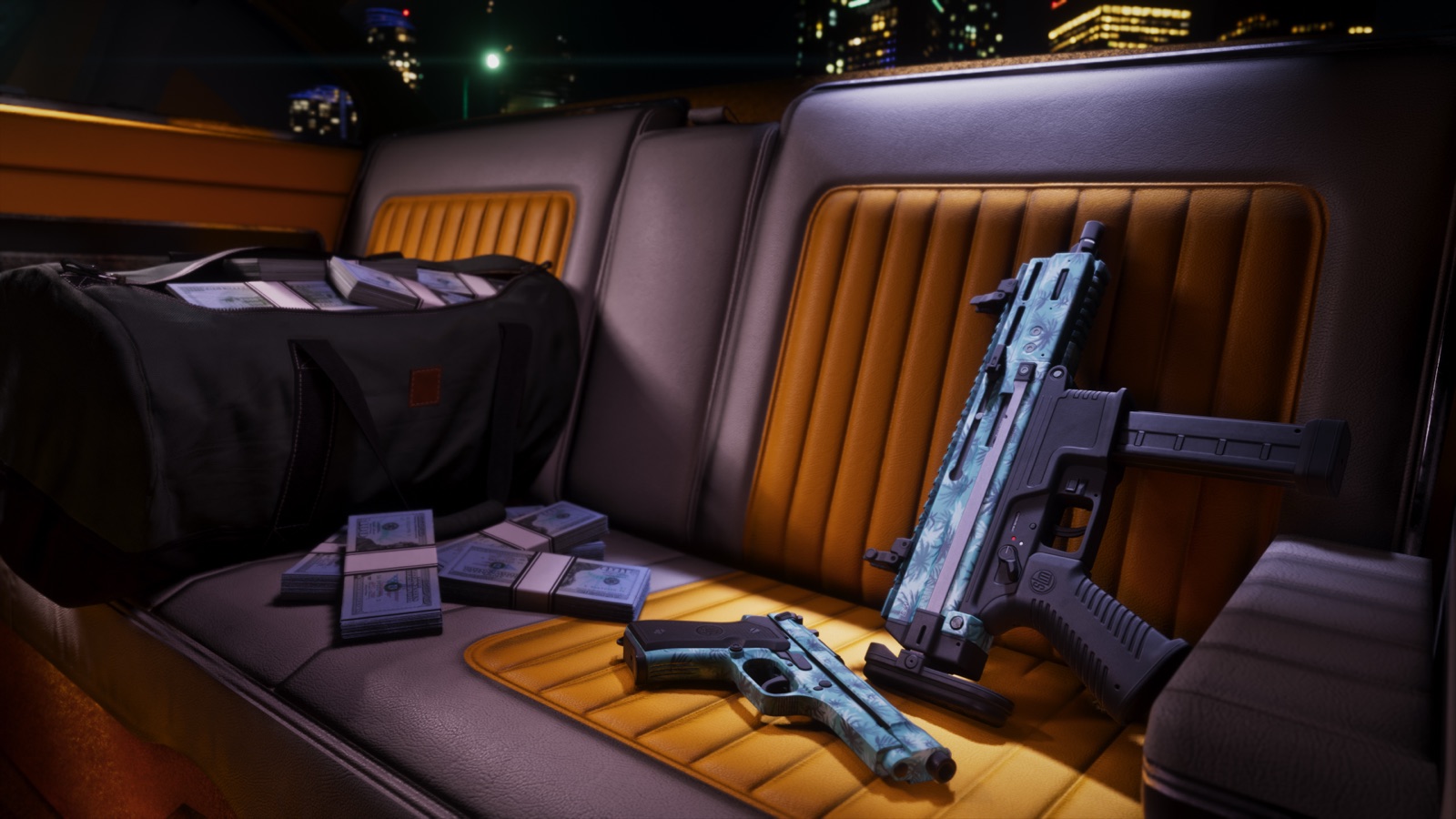 Armes et liasses de billets dans une voiture, GTA VI - GTA 6